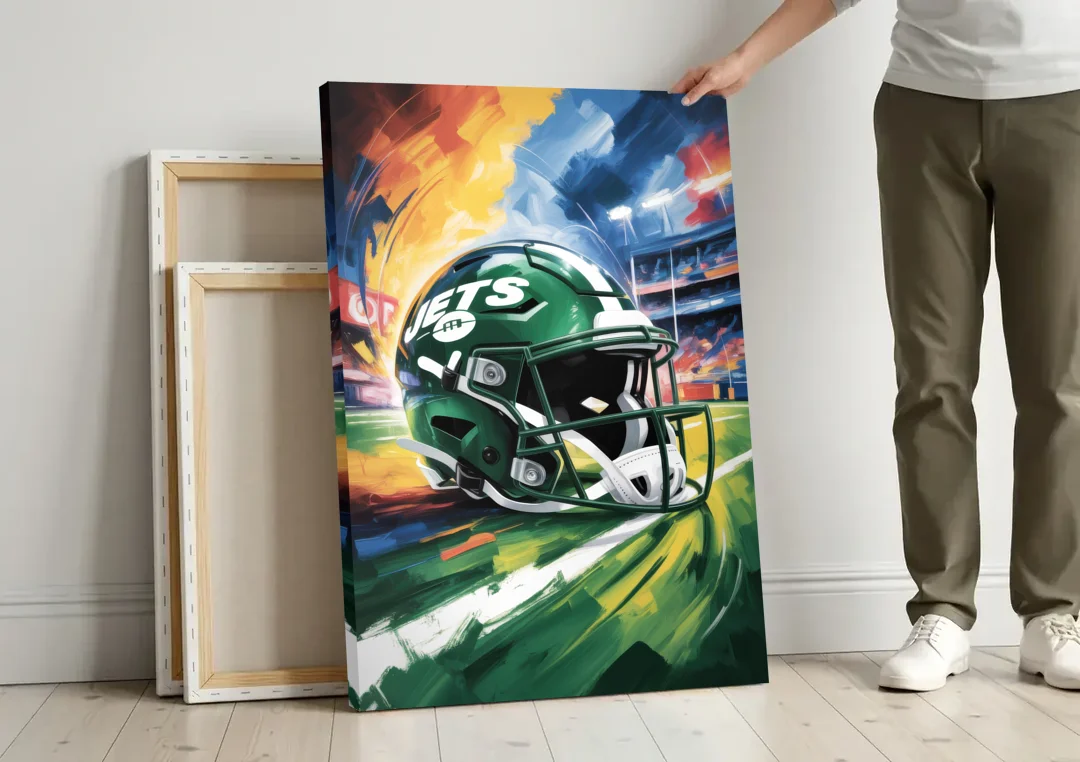 New York Jets Energetic Impressionist Football Helmet Artwork canvas wall art leaning against a wall next to blank canvases