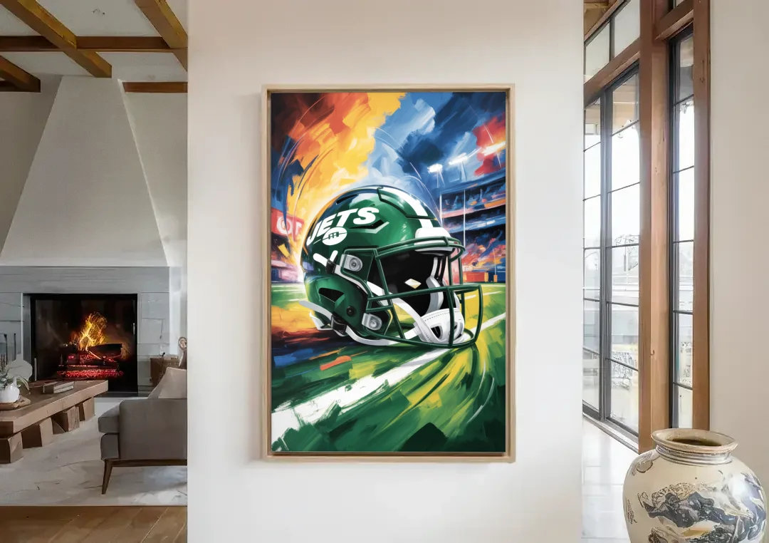 New York Jets Energetic Impressionist Football Helmet Artwork canvas wall art in a living room with a fireplace