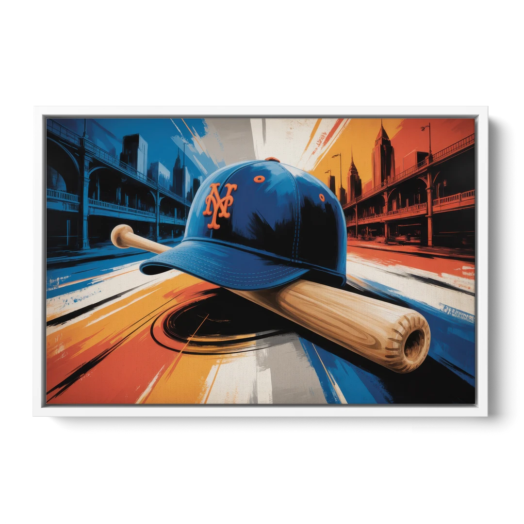 New York Mets Abstract Baseball Art Energetic Triumph in Blue and Orange - White Framed Canvas Wall Art - Front