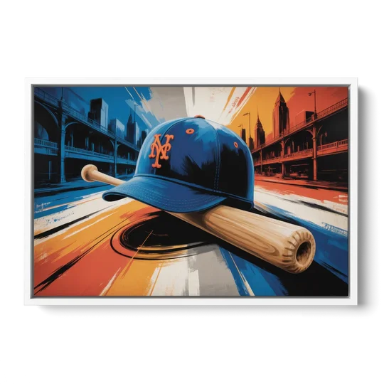 New York Mets Abstract Baseball Art Energetic Triumph in Blue and Orange - White Framed Canvas Wall Art - Front