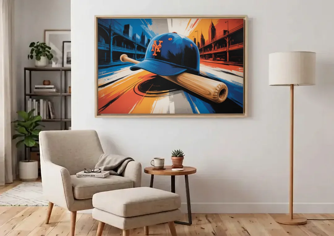 New York Mets Abstract Baseball Art Energetic Triumph in Blue and Orange canvas wall art above an armchair in a bright living room