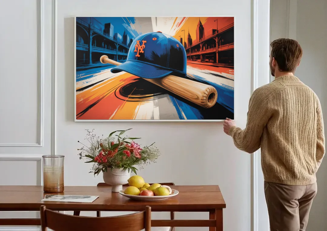 New York Mets Abstract Baseball Art Energetic Triumph in Blue and Orange canvas wall art above a dining table
