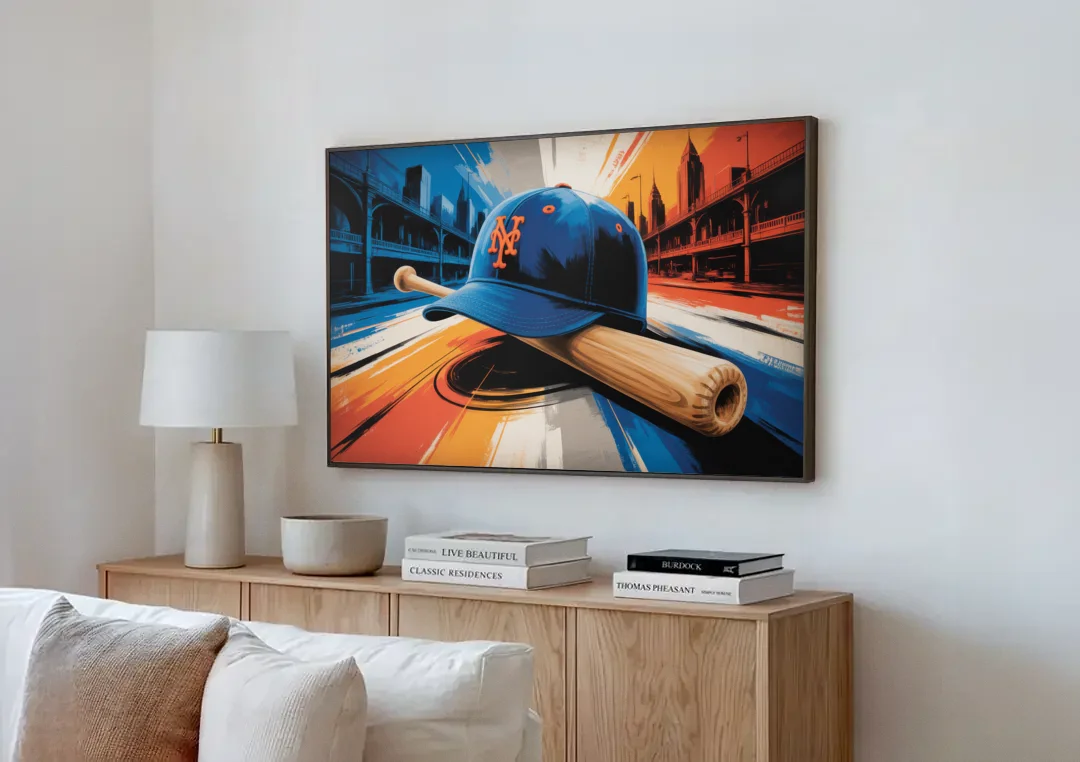 New York Mets Abstract Baseball Art Energetic Triumph in Blue and Orange canvas wall art above a wooden sideboard next to a sofa