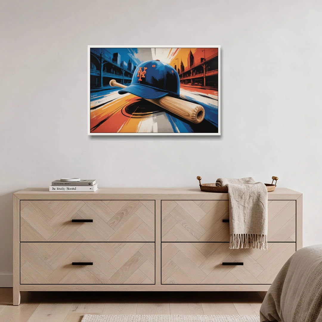 New York Mets Abstract Baseball Art Energetic Triumph in Blue and Orange - White Framed Canvas Wall Art - Coffee Table - 36x24