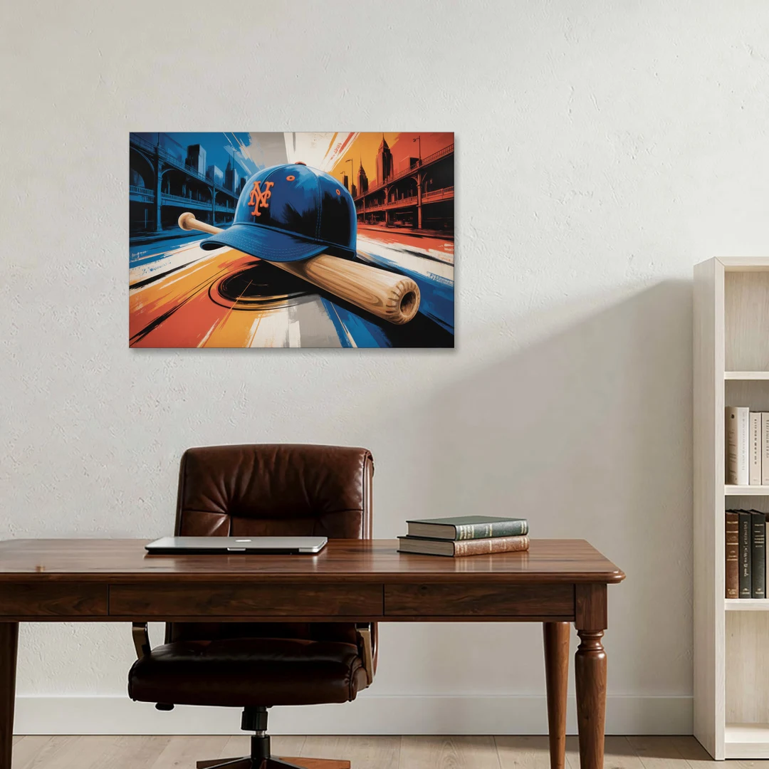 New York Mets Abstract Baseball Art Energetic Triumph in Blue and Orange - Canvas Wall Art - Office - 36x24