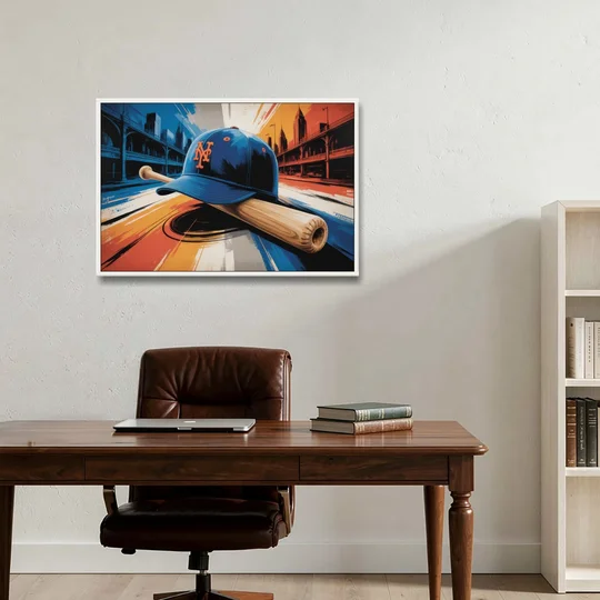 New York Mets Abstract Baseball Art Energetic Triumph in Blue and Orange - White Framed Canvas Wall Art - Office - 36x24