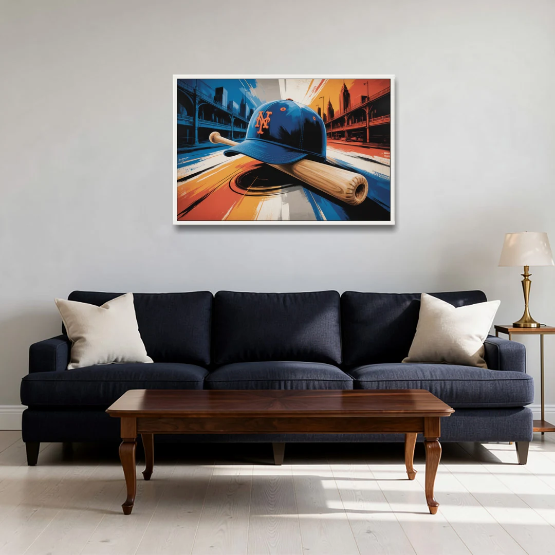 New York Mets Abstract Baseball Art Energetic Triumph in Blue and Orange - White Framed Canvas Wall Art - Sofa - 36x24