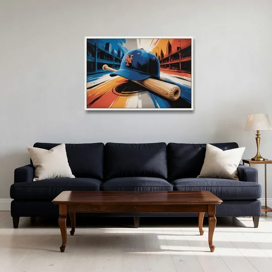 New York Mets Abstract Baseball Art Energetic Triumph in Blue and Orange - White Framed Canvas Wall Art - Sofa - 36x24