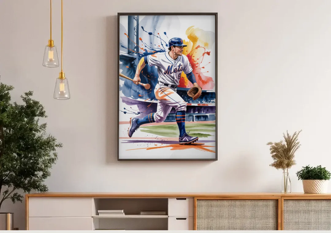 New York Mets Championship Game canvas wall art above a wooden sideboard under pendant lights