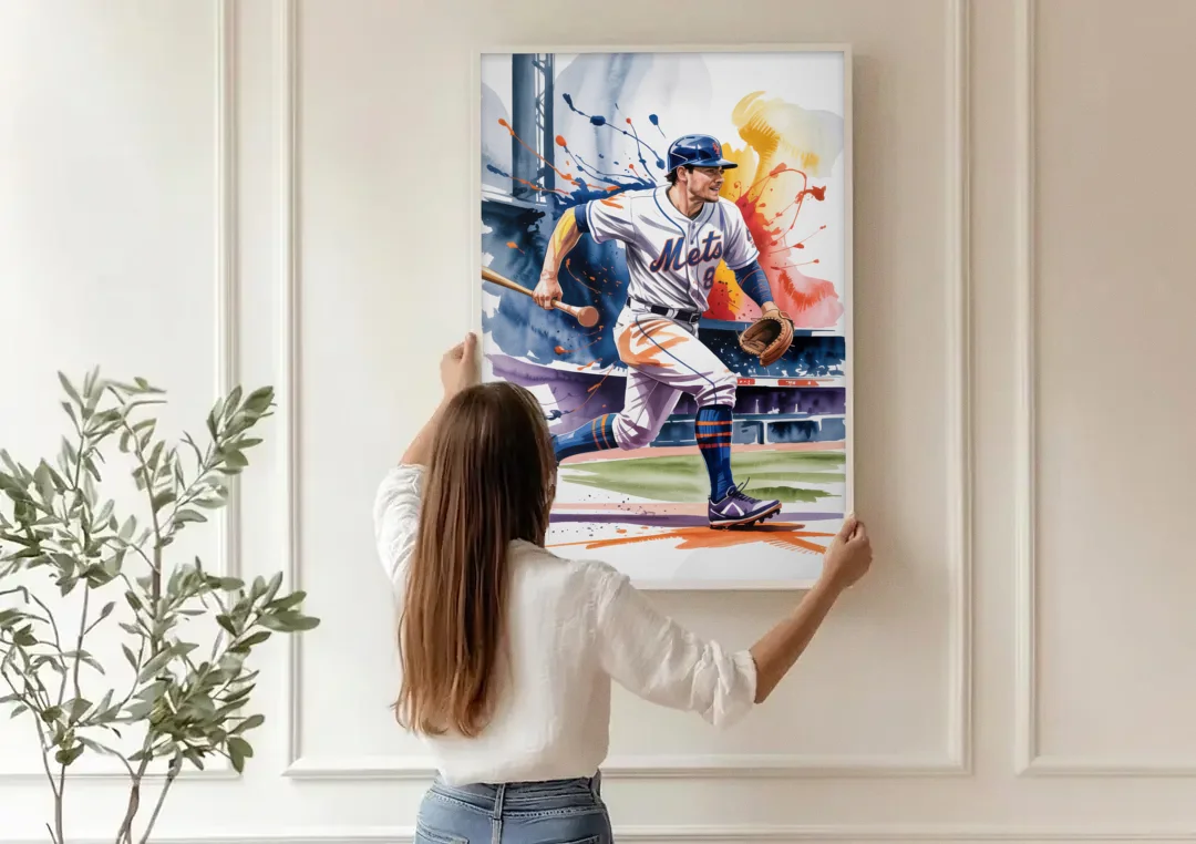 New York Mets Championship Game canvas wall art being hung on a paneled wall