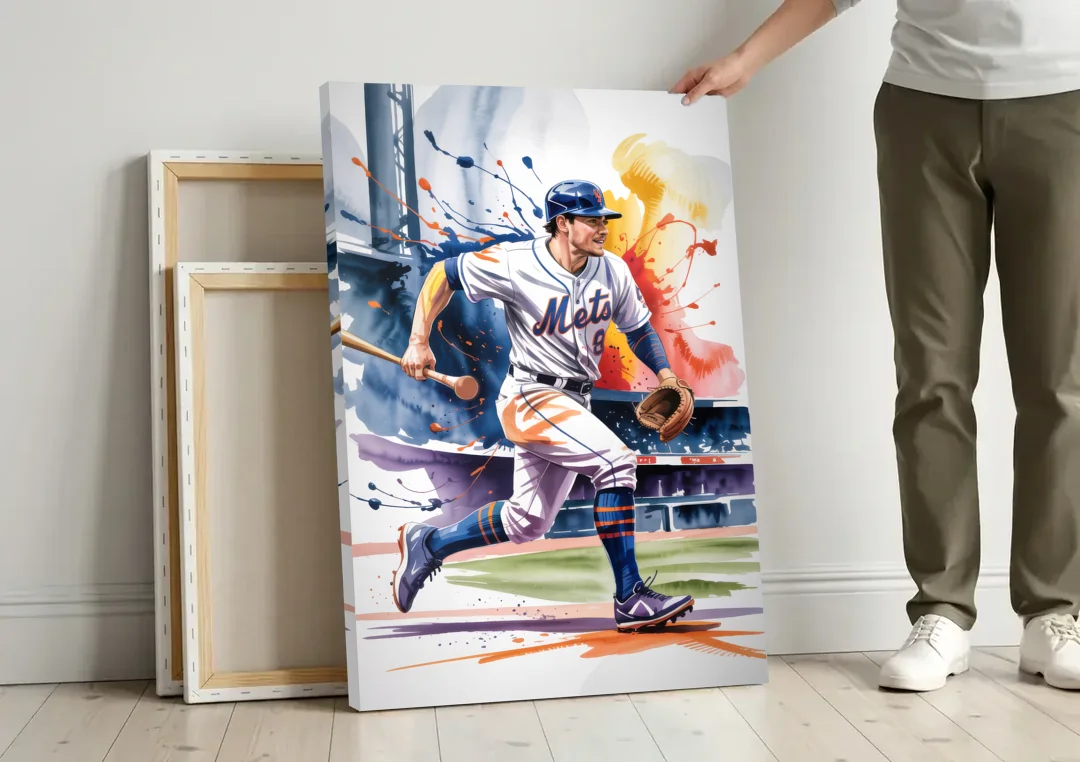 New York Mets Championship Game canvas wall art leaning against a wall next to blank canvases