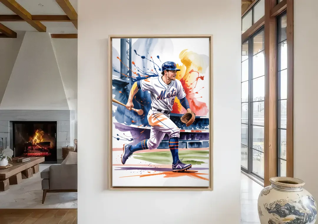 New York Mets Championship Game canvas wall art in a living room with a fireplace
