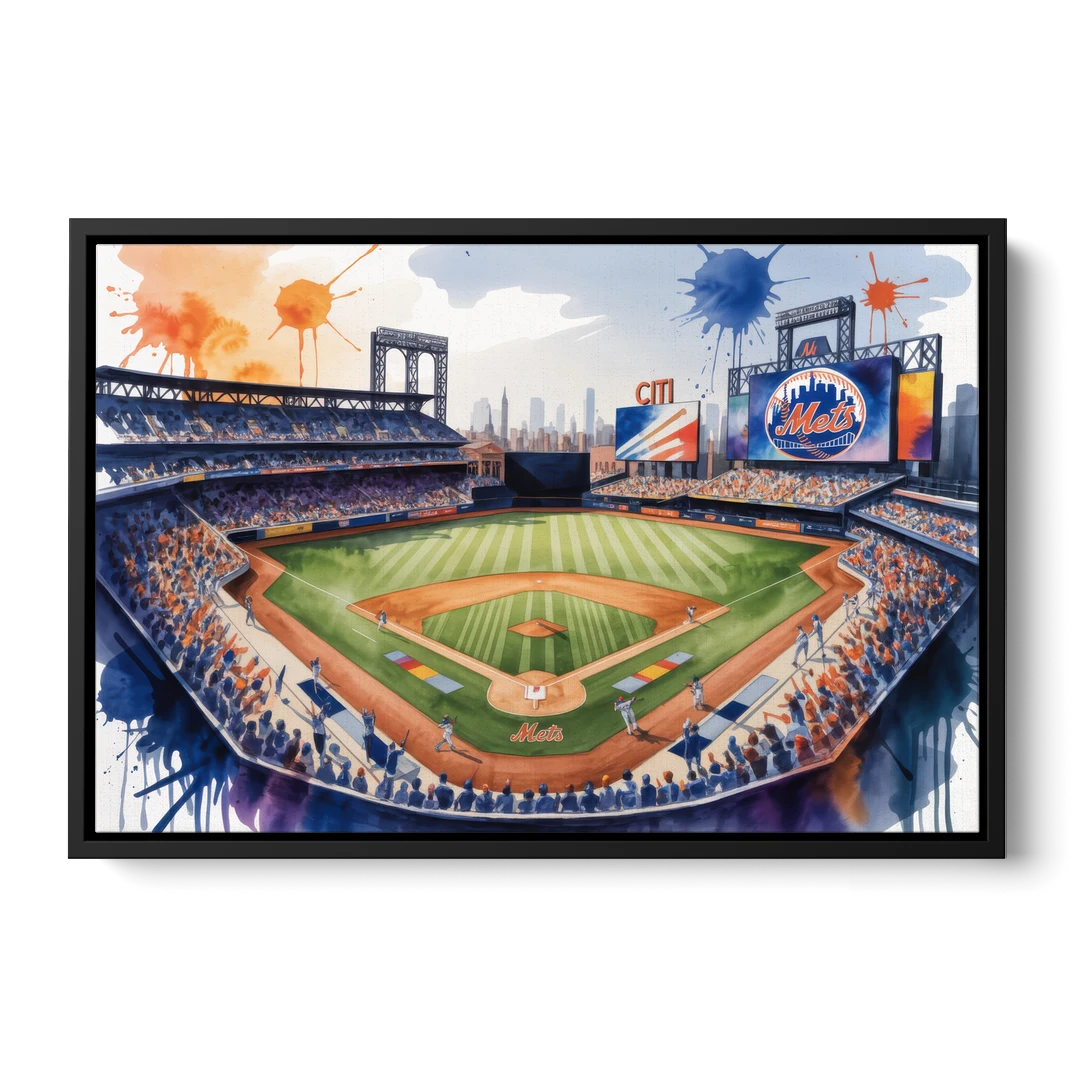 New York Mets Citi Field Watercolor - Black Framed Canvas Wall Art - Front