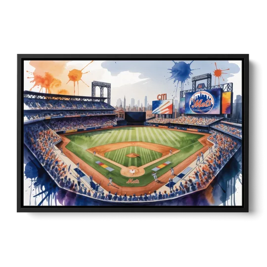 New York Mets Citi Field Watercolor - Black Framed Canvas Wall Art - Front