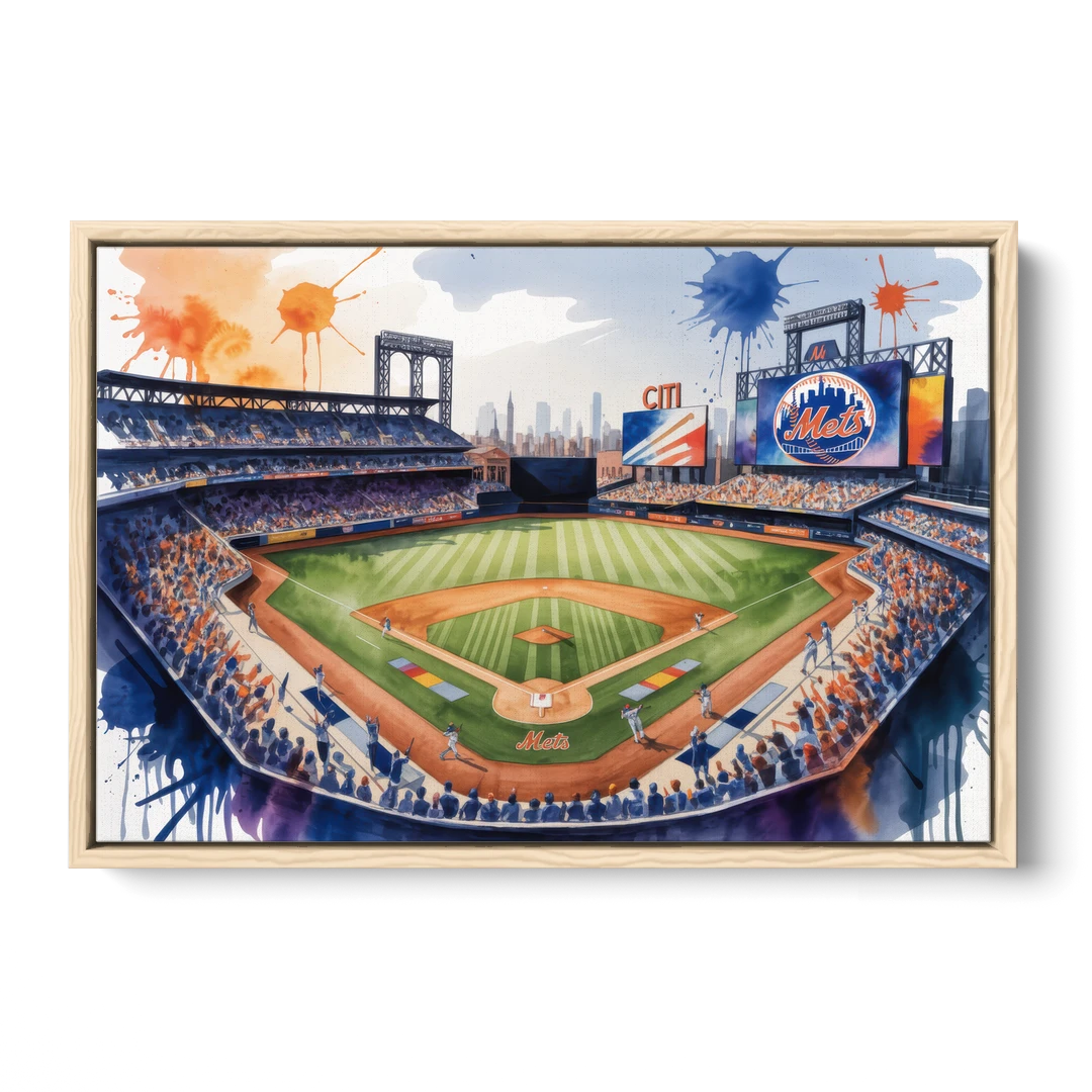 New York Mets Citi Field Watercolor - Oak Framed Canvas Wall Art - Front