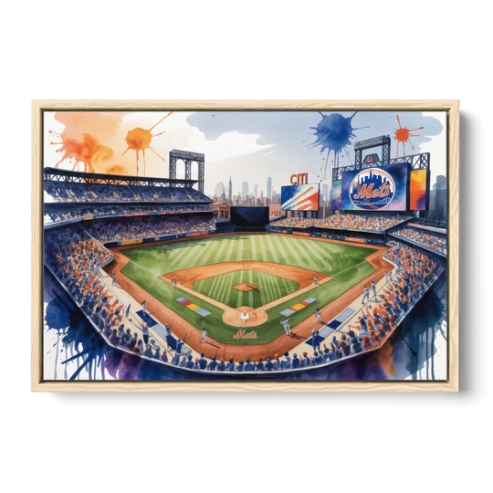 New York Mets Citi Field Watercolor - Oak Framed Canvas Wall Art - Front