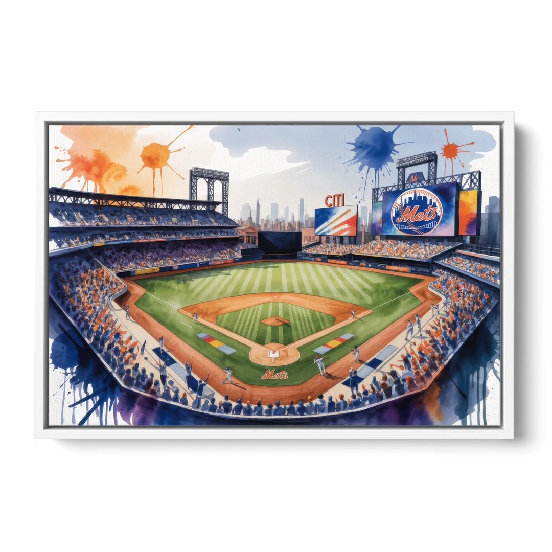 New York Mets Citi Field Watercolor - White Framed Canvas Wall Art - Front