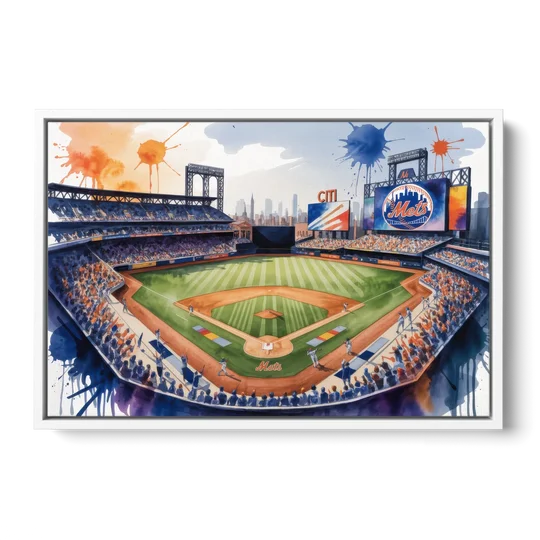 New York Mets Citi Field Watercolor - White Framed Canvas Wall Art - Front