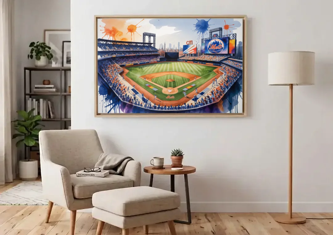 New York Mets Citi Field Watercolor canvas wall art above an armchair in a bright living room