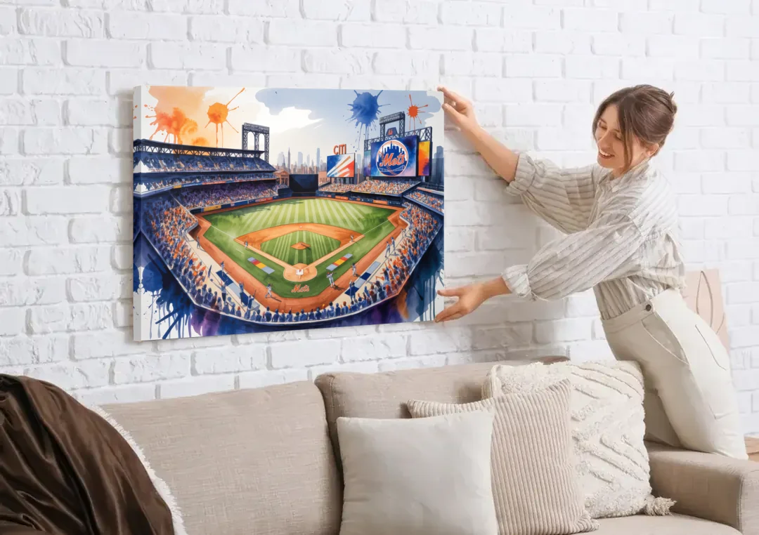 New York Mets Citi Field Watercolor canvas wall art being hung on a white brick wall above a sofa
