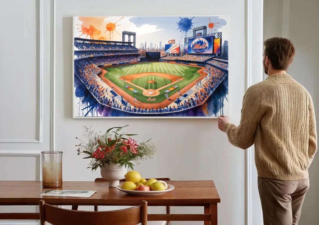 New York Mets Citi Field Watercolor canvas wall art above a dining table