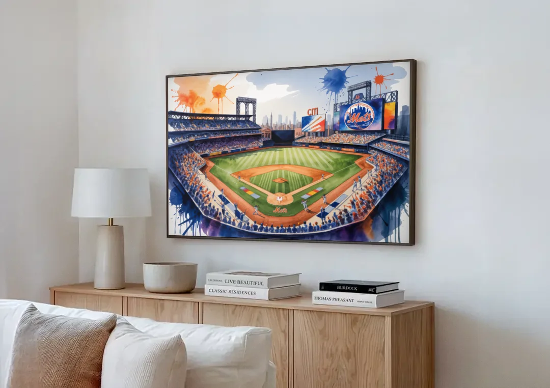 New York Mets Citi Field Watercolor canvas wall art above a wooden sideboard next to a sofa