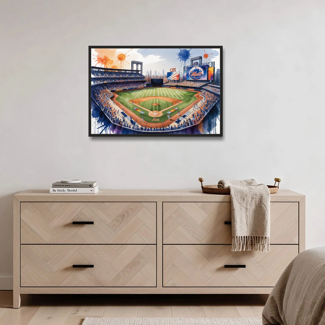 New York Mets Citi Field Watercolor - Black Framed Canvas Wall Art - Coffee Table - 36x24