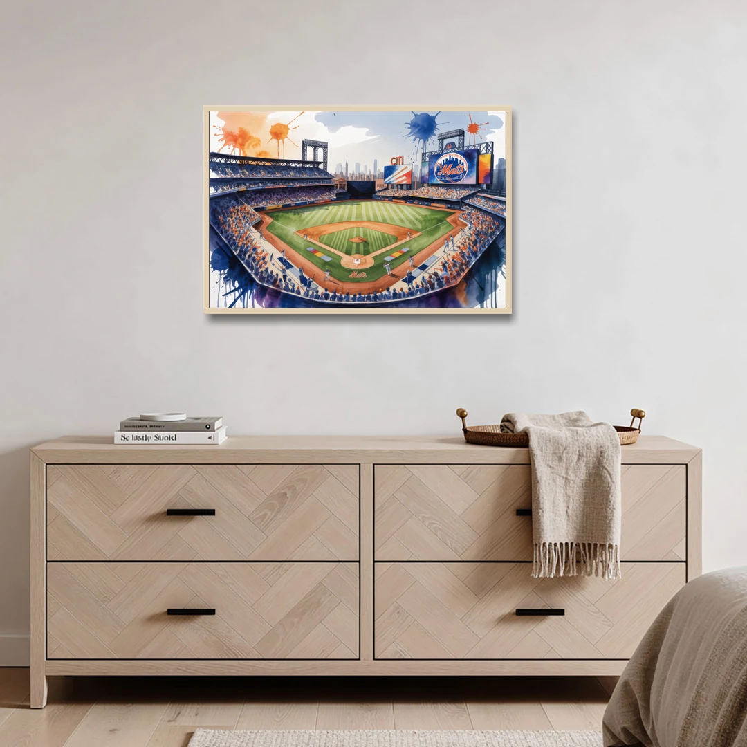 New York Mets Citi Field Watercolor - Oak Framed Canvas Wall Art - Coffee Table - 36x24
