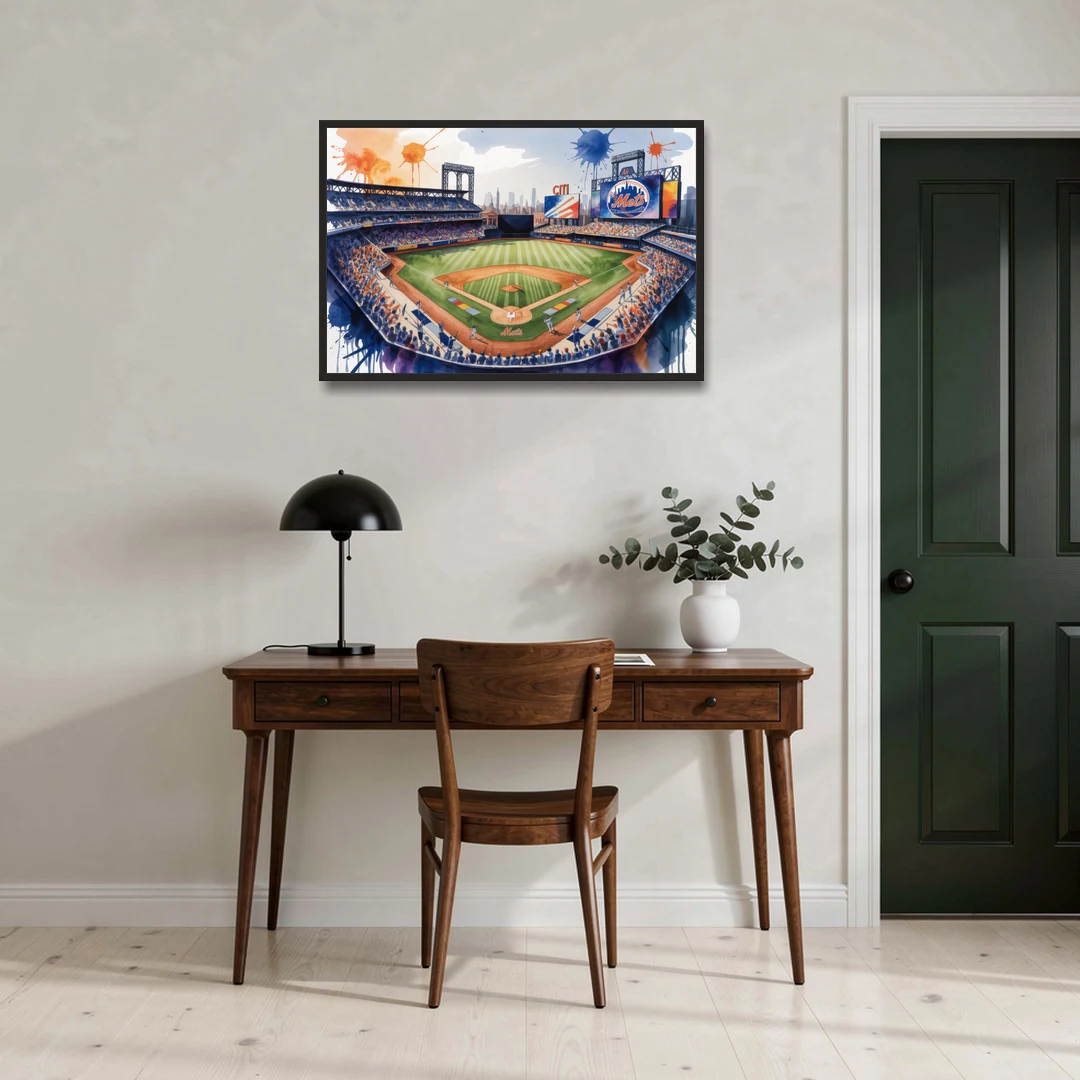 New York Mets Citi Field Watercolor - Black Framed Canvas Wall Art - Office - 36x24