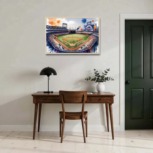 New York Mets Citi Field Watercolor - Oak Framed Canvas Wall Art - Office - 36x24