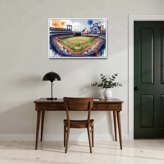 New York Mets Citi Field Watercolor - White Framed Canvas Wall Art - Office - 36x24