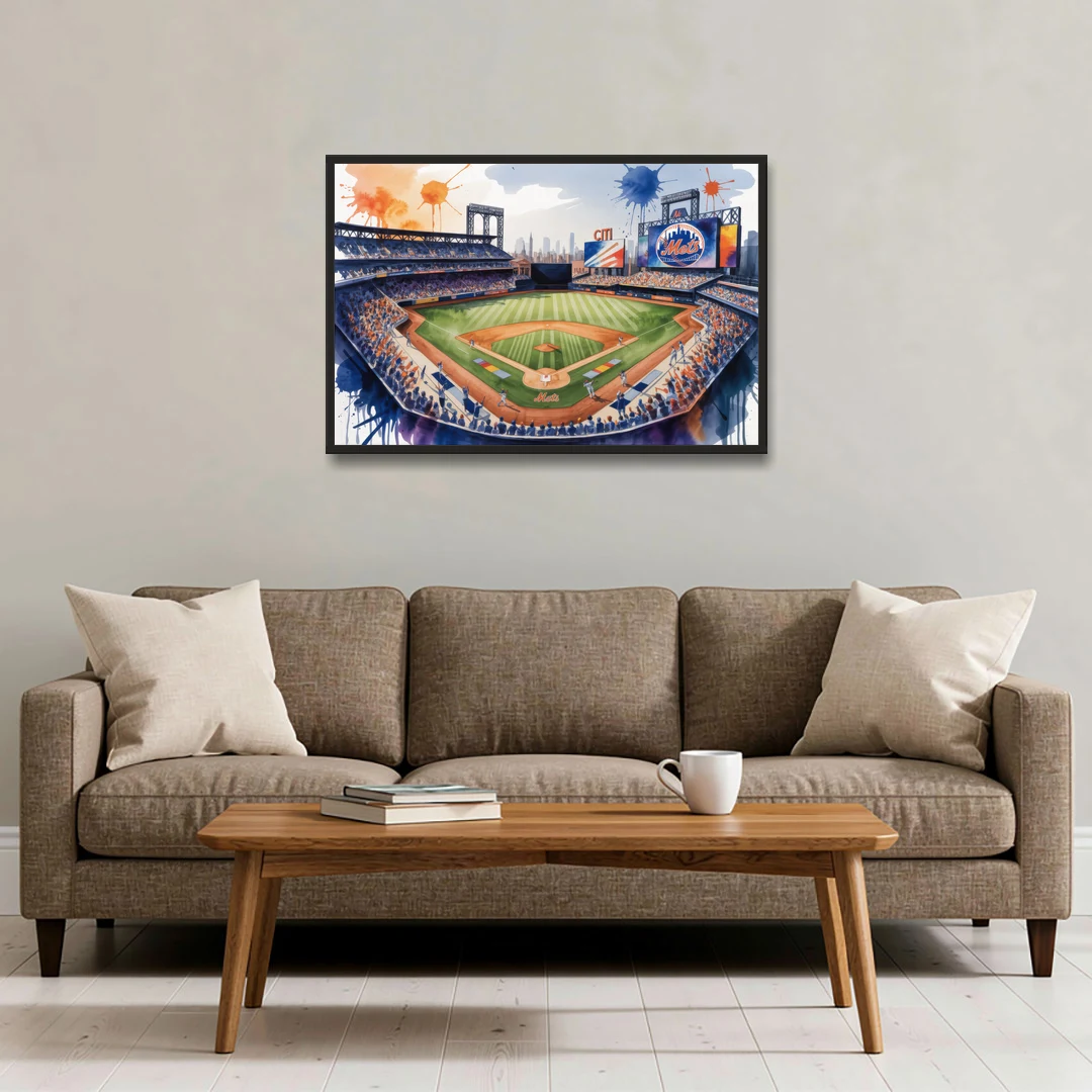 New York Mets Citi Field Watercolor - Black Framed Canvas Wall Art - Sofa - 36x24