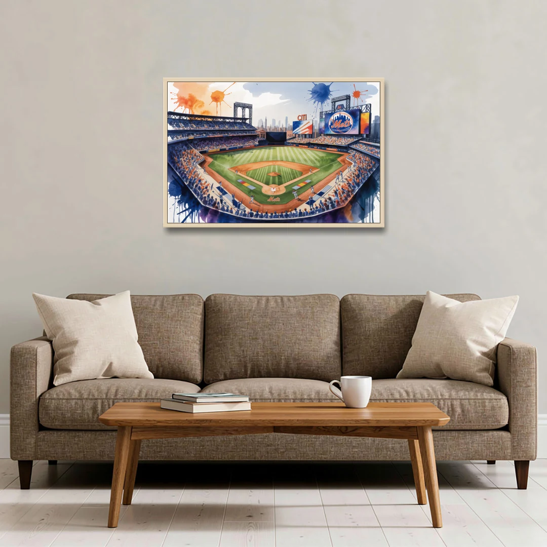 New York Mets Citi Field Watercolor - Oak Framed Canvas Wall Art - Sofa - 36x24