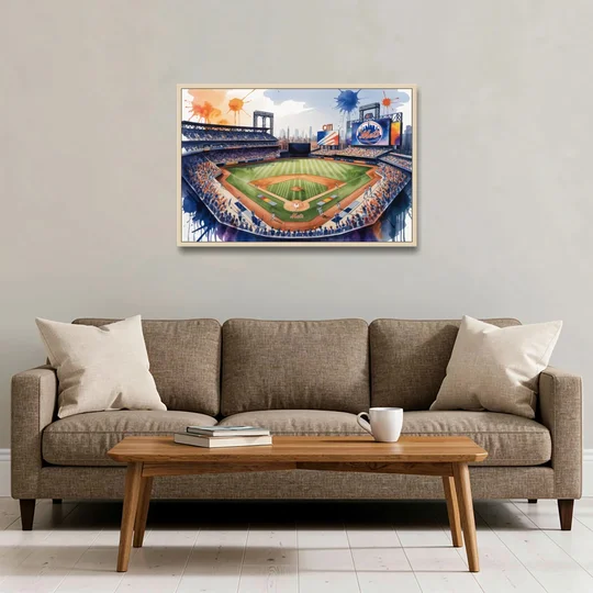 New York Mets Citi Field Watercolor - Oak Framed Canvas Wall Art - Sofa - 36x24