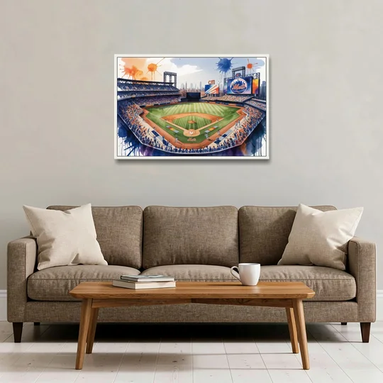 New York Mets Citi Field Watercolor - White Framed Canvas Wall Art - Sofa - 36x24