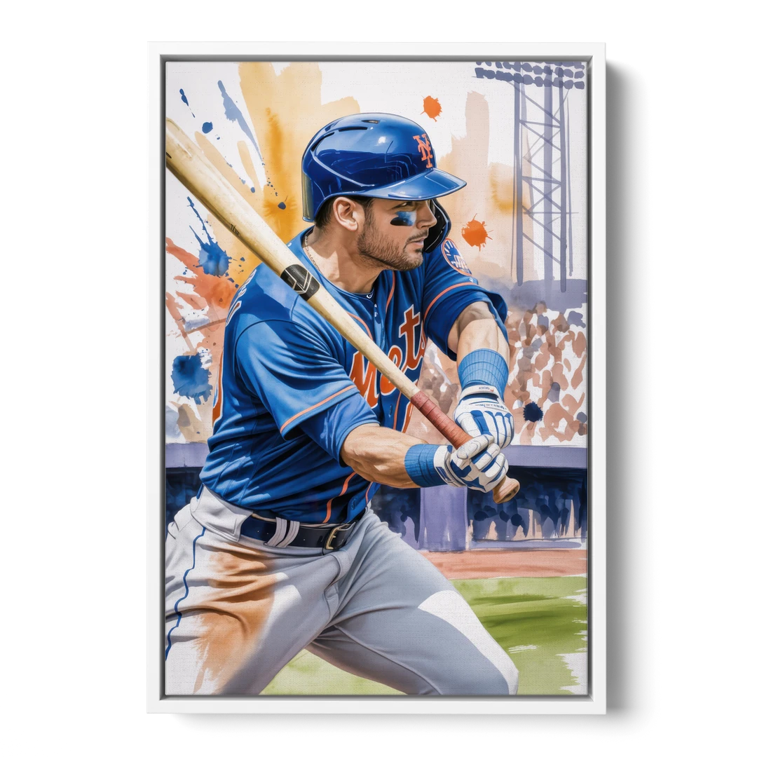 New York Mets Home Run Swing - White Framed Canvas Wall Art - Front
