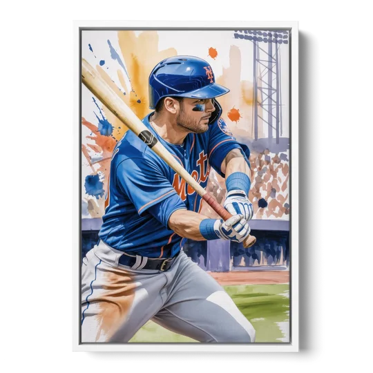 New York Mets Home Run Swing - White Framed Canvas Wall Art - Front