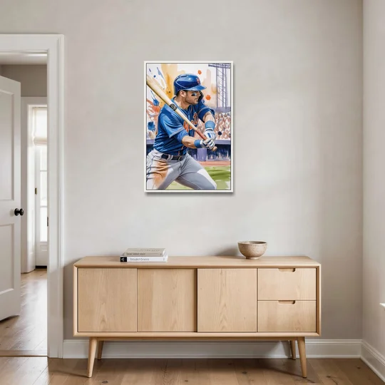 New York Mets Home Run Swing - White Framed Canvas Wall Art - Coffee Table - 24x36