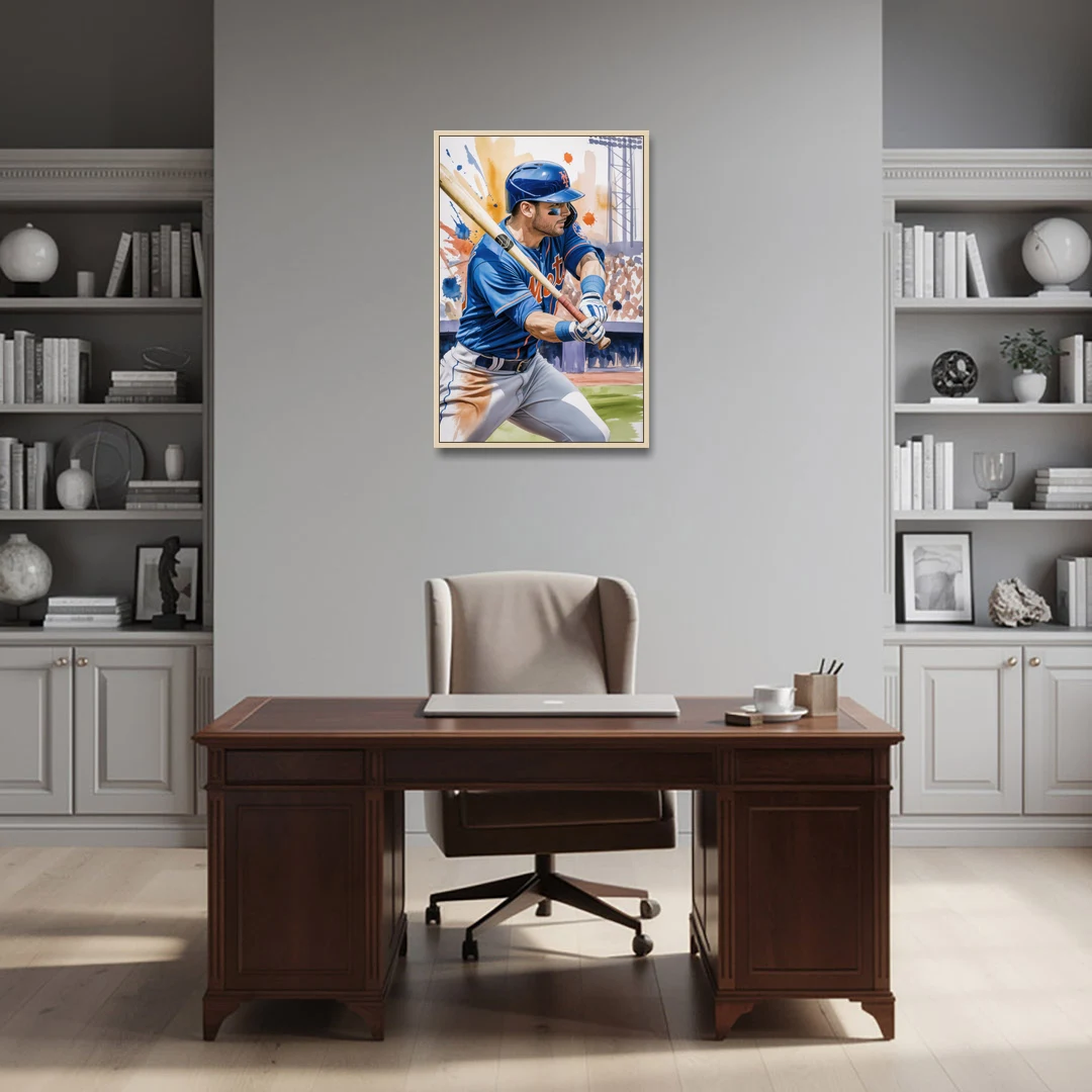 New York Mets Home Run Swing - Oak Framed Canvas Wall Art - Office - 24x36