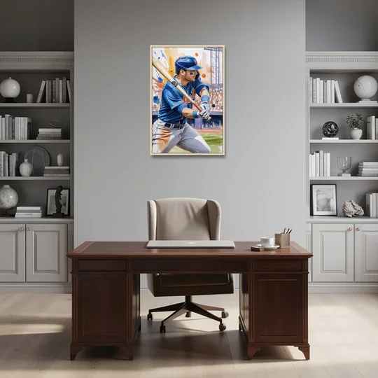 New York Mets Home Run Swing - Oak Framed Canvas Wall Art - Office - 24x36