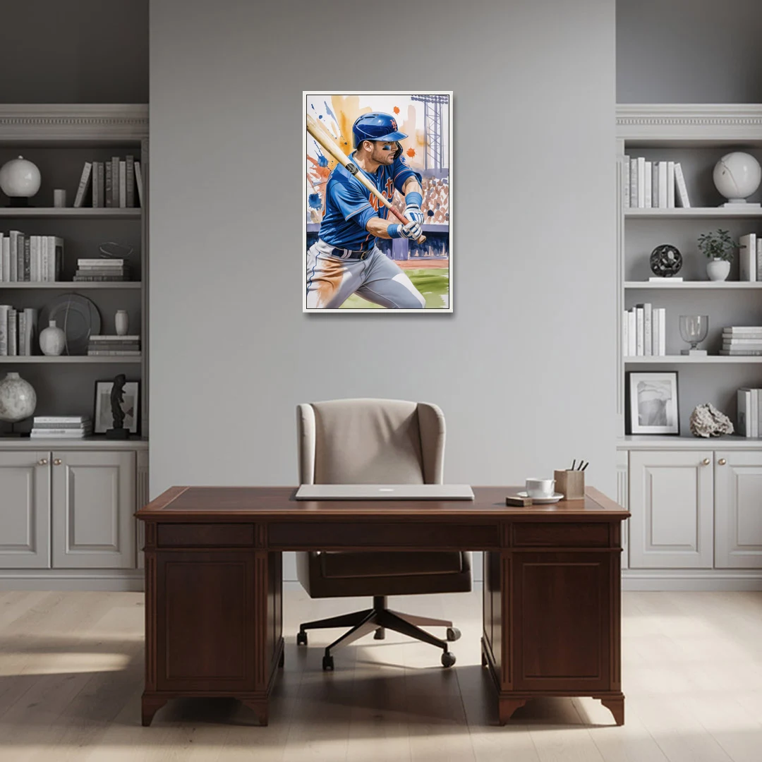 New York Mets Home Run Swing - White Framed Canvas Wall Art - Office - 24x36