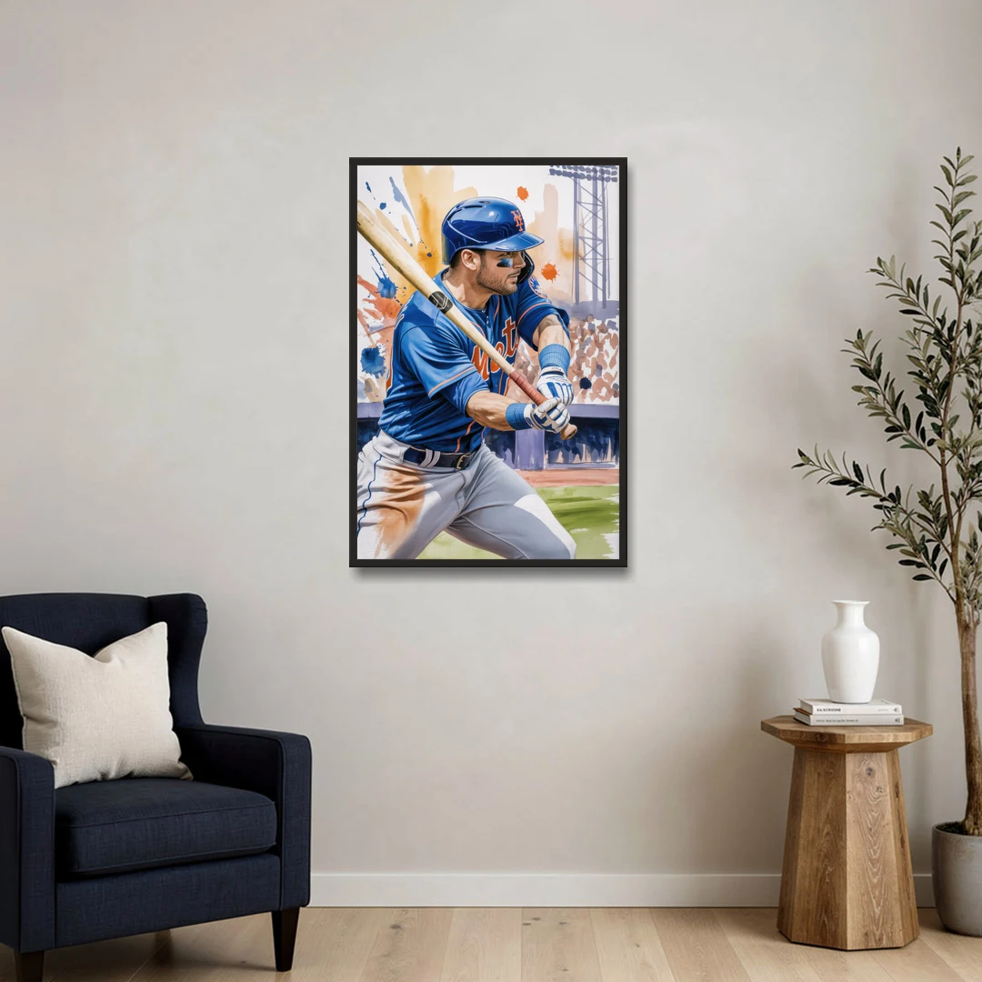 New York Mets Home Run Swing - Black Framed Canvas Wall Art - Sofa - 24x36