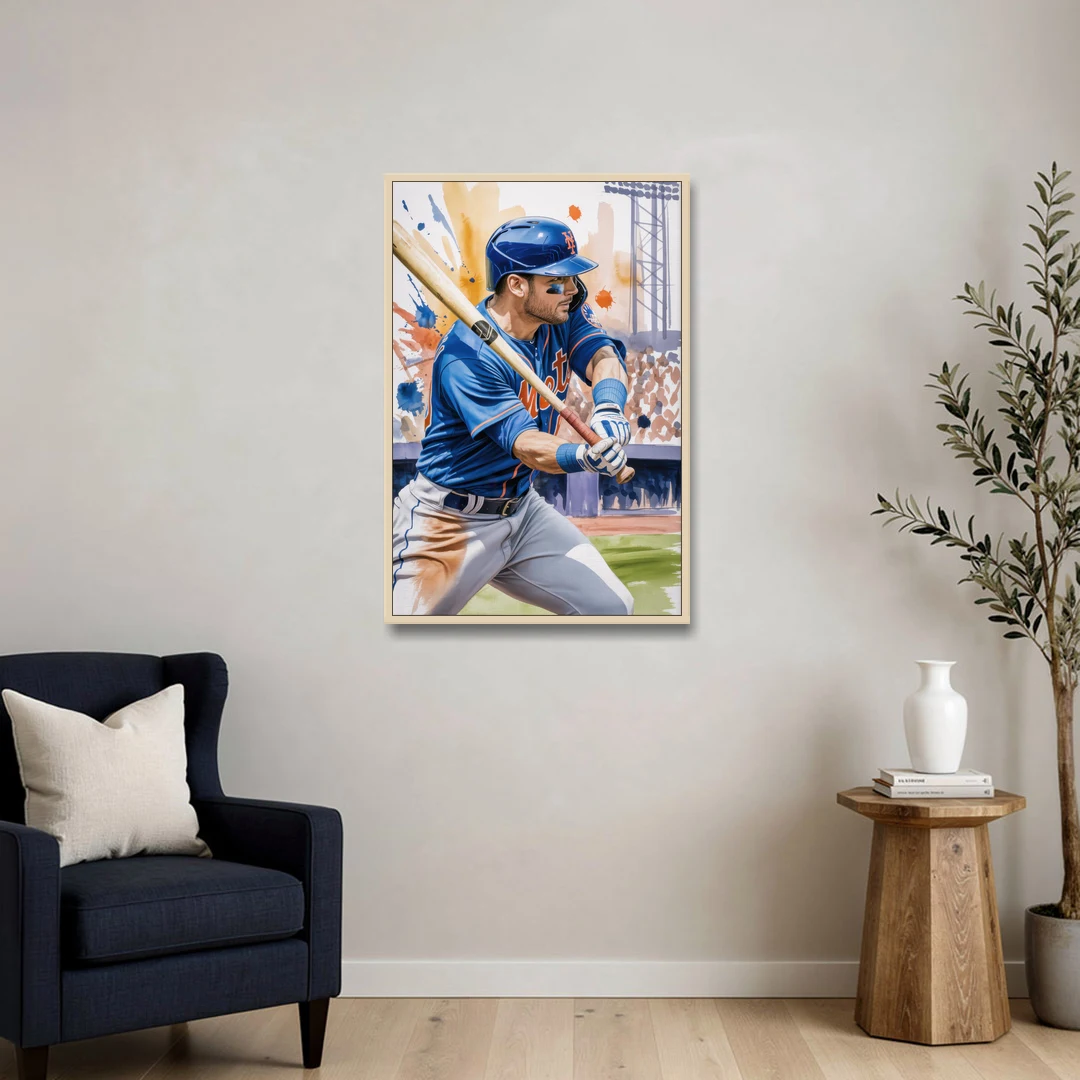 New York Mets Home Run Swing - Oak Framed Canvas Wall Art - Sofa - 24x36