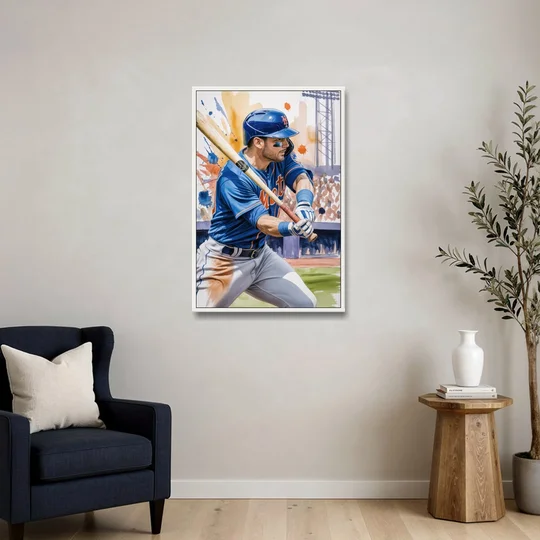 New York Mets Home Run Swing - White Framed Canvas Wall Art - Sofa - 24x36