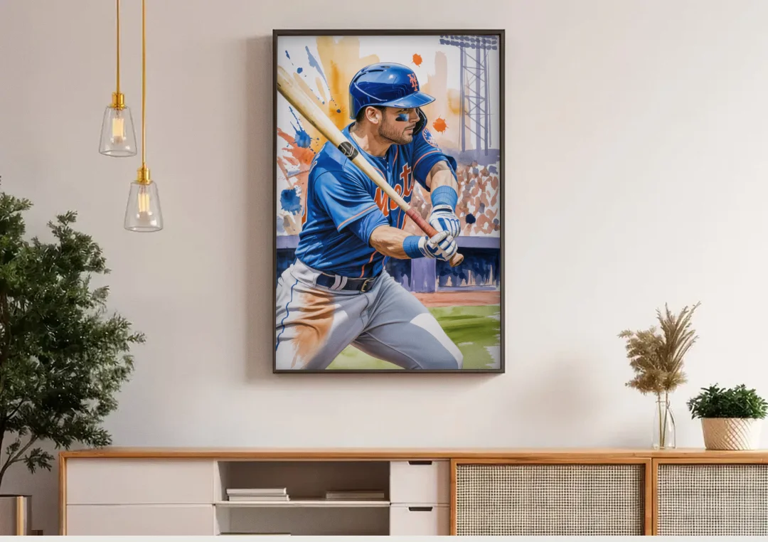 New York Mets Home Run Swing canvas wall art above a wooden sideboard under pendant lights