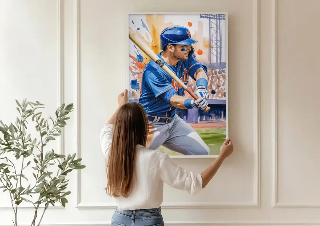 New York Mets Home Run Swing canvas wall art being hung on a paneled wall