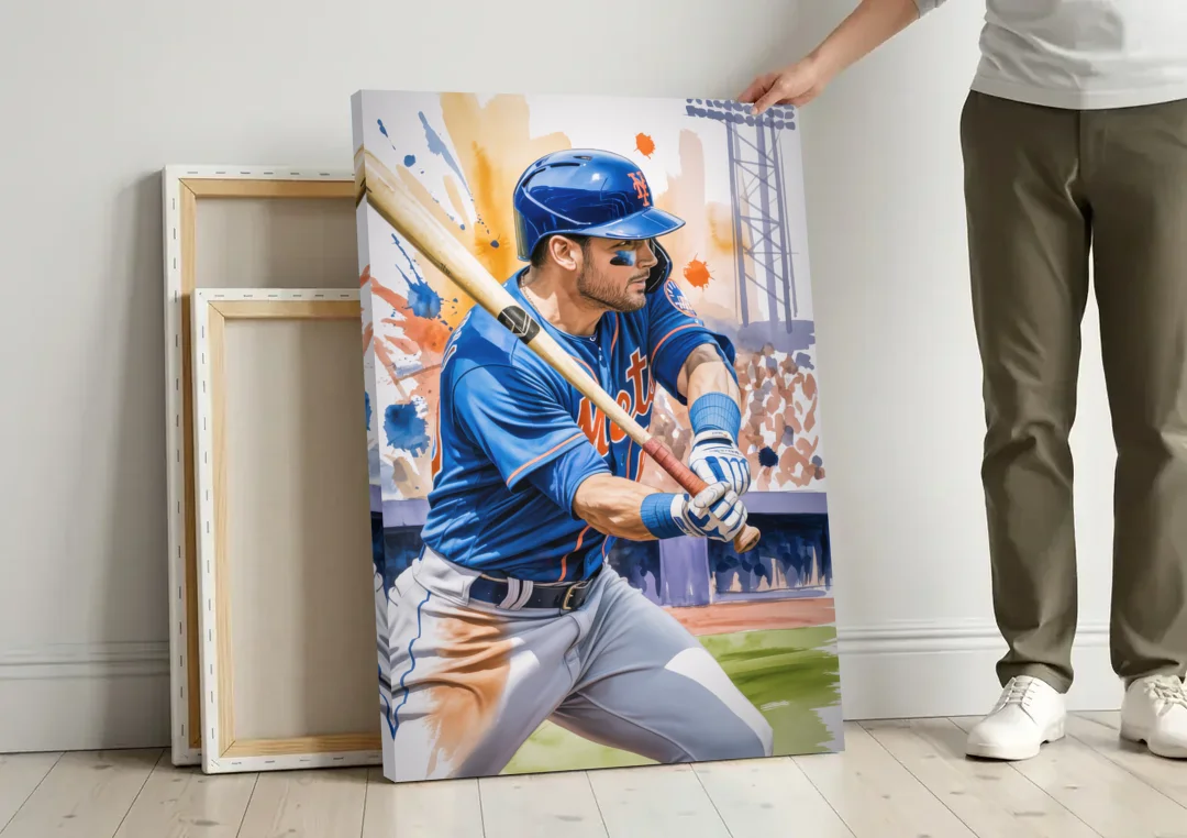 New York Mets Home Run Swing canvas wall art leaning against a wall next to blank canvases