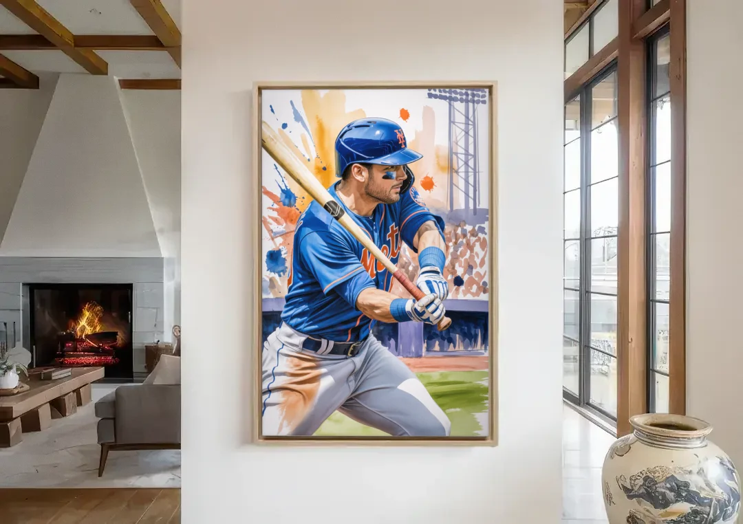 New York Mets Home Run Swing canvas wall art in a living room with a fireplace