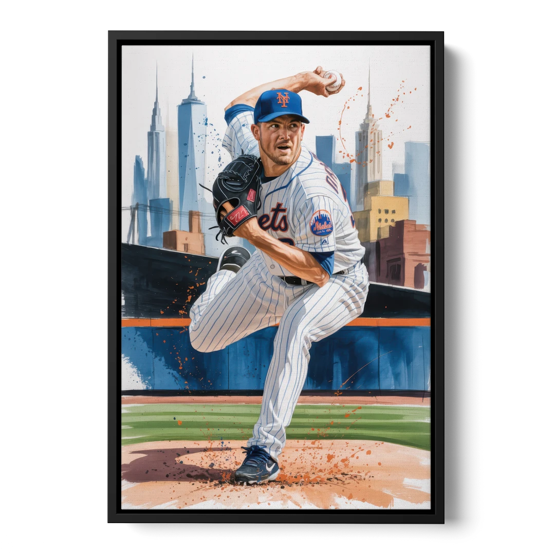 New York Mets Pitcher Windup - Black Framed Canvas Wall Art - Front