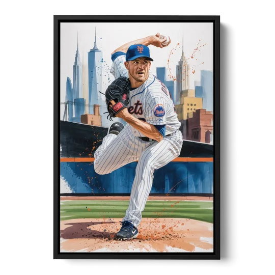 New York Mets Pitcher Windup - Black Framed Canvas Wall Art - Front